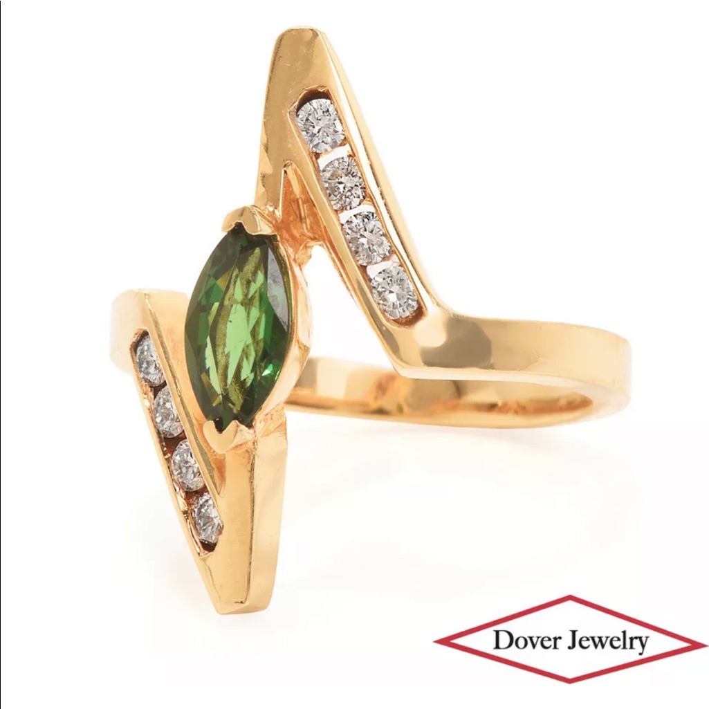 Vintage Solid 14k Yellow Gold Diamond Chrome Diopside Wave Ring 5
